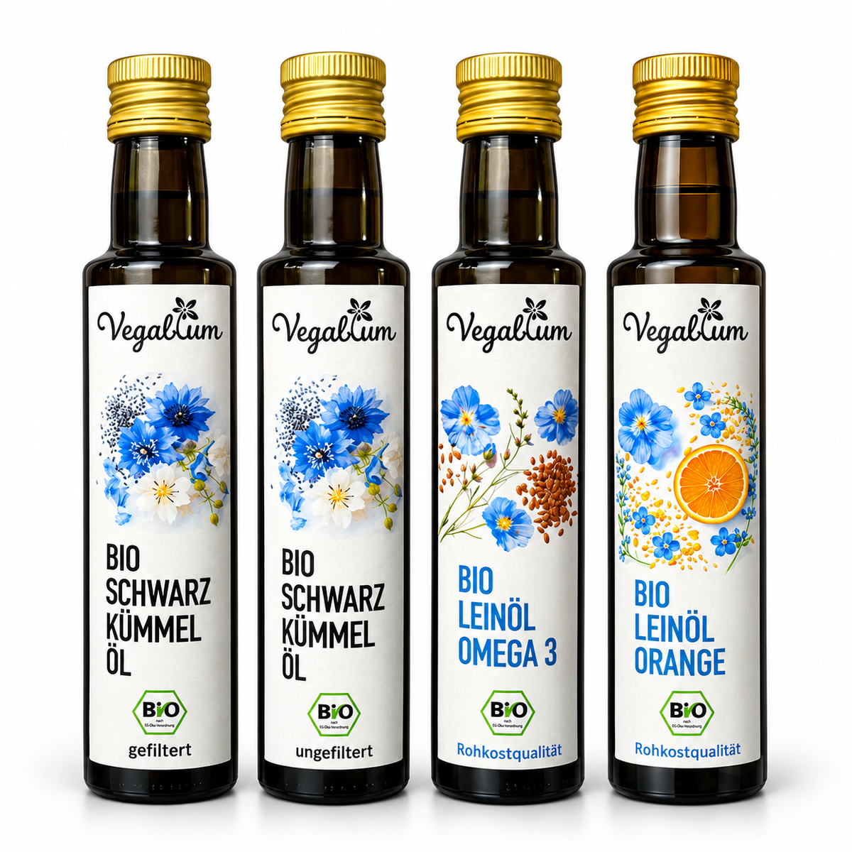 Vegablum Bio Öl Probier Set, vier Flaschen à 250 ml mit Schwarzkümmelöl gefiltert und ungefiltert, Leinöl pur und Leinöl Orange