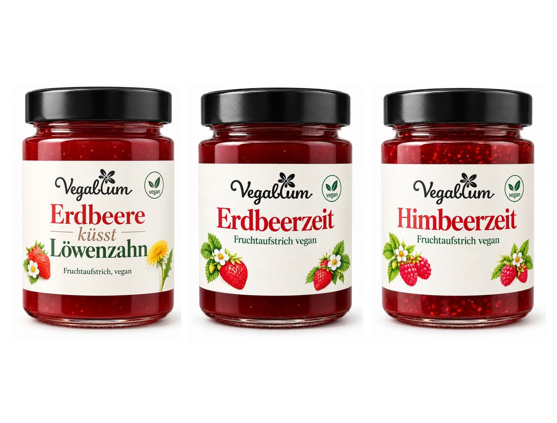 Vegablum Fruchtaufstrich Probier Set mit drei Gläsern: Erdbeere küsst Löwenzahn, Erdbeerzeit und Himbeerzeit, je 200 g