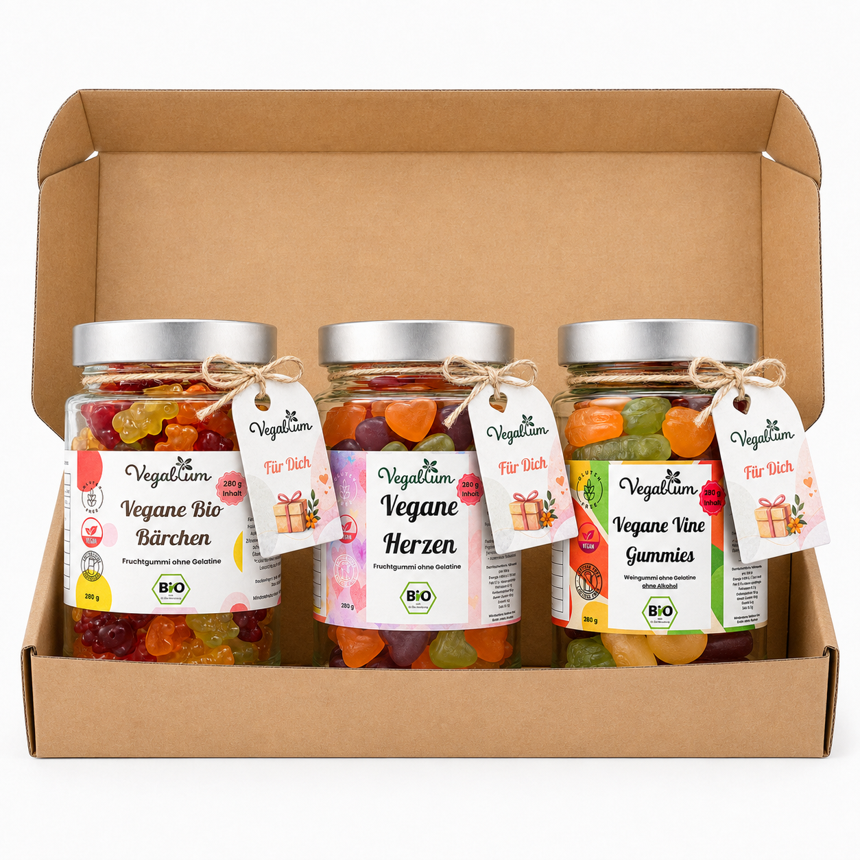 Veganes Bio Fruchtgummi Geschenkset mit Bärchen, Herzen und Vine Gummies, drei XL Gläser mit je 280 g im Kraftkarton
