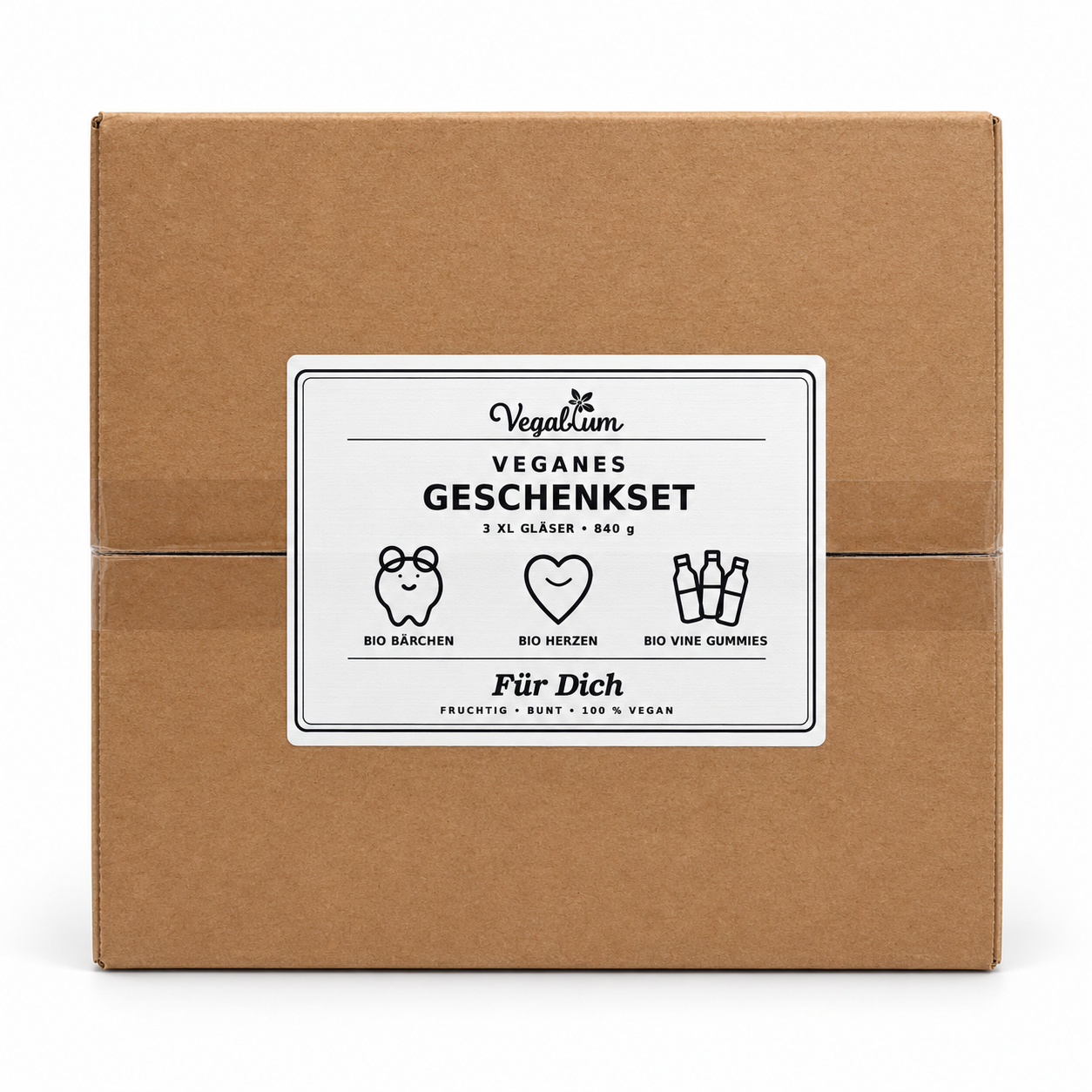 Geschlossener Vegablum Geschenkset Karton mit Etikett für Bio Bärchen, Bio Herzen und Bio Vine Gummies, 3 XL Gläser, 840 g