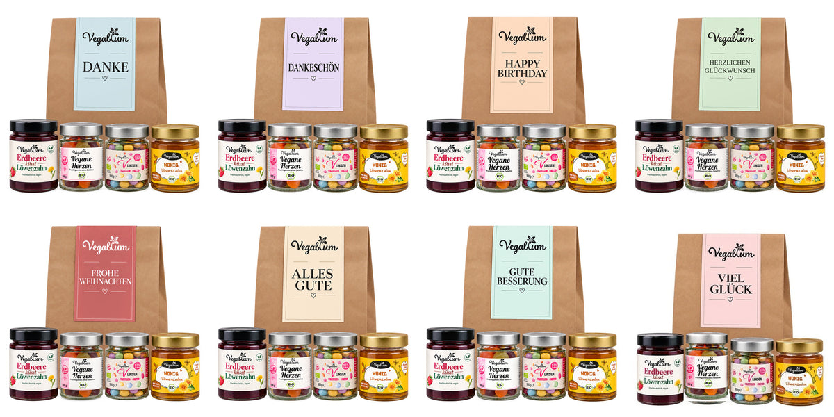 Übersicht der acht veganen Geschenktüten mit jeweils dem echten Vegablum Bio Herzen Glas