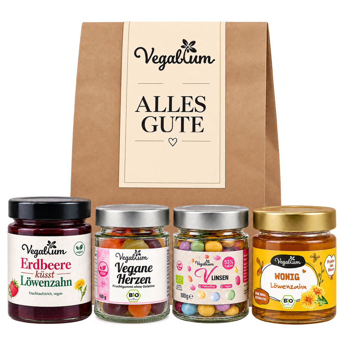 Vegane Geschenktüte mit Grußetikett Alles Gute und vier Vegablum Leckereien