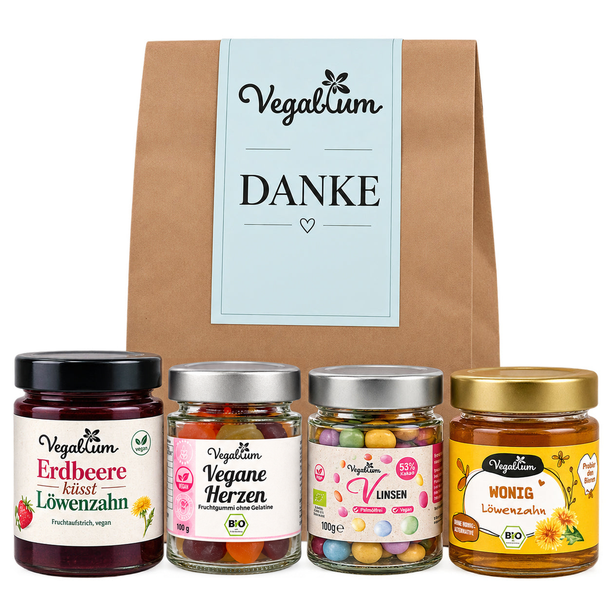 Vegane Geschenktüte mit Grußetikett Danke und vier Vegablum Leckereien