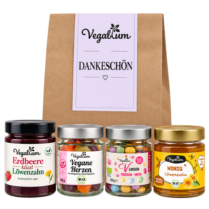 Vegane Geschenktüte mit Grußetikett Dankeschön und vier Vegablum Leckereien