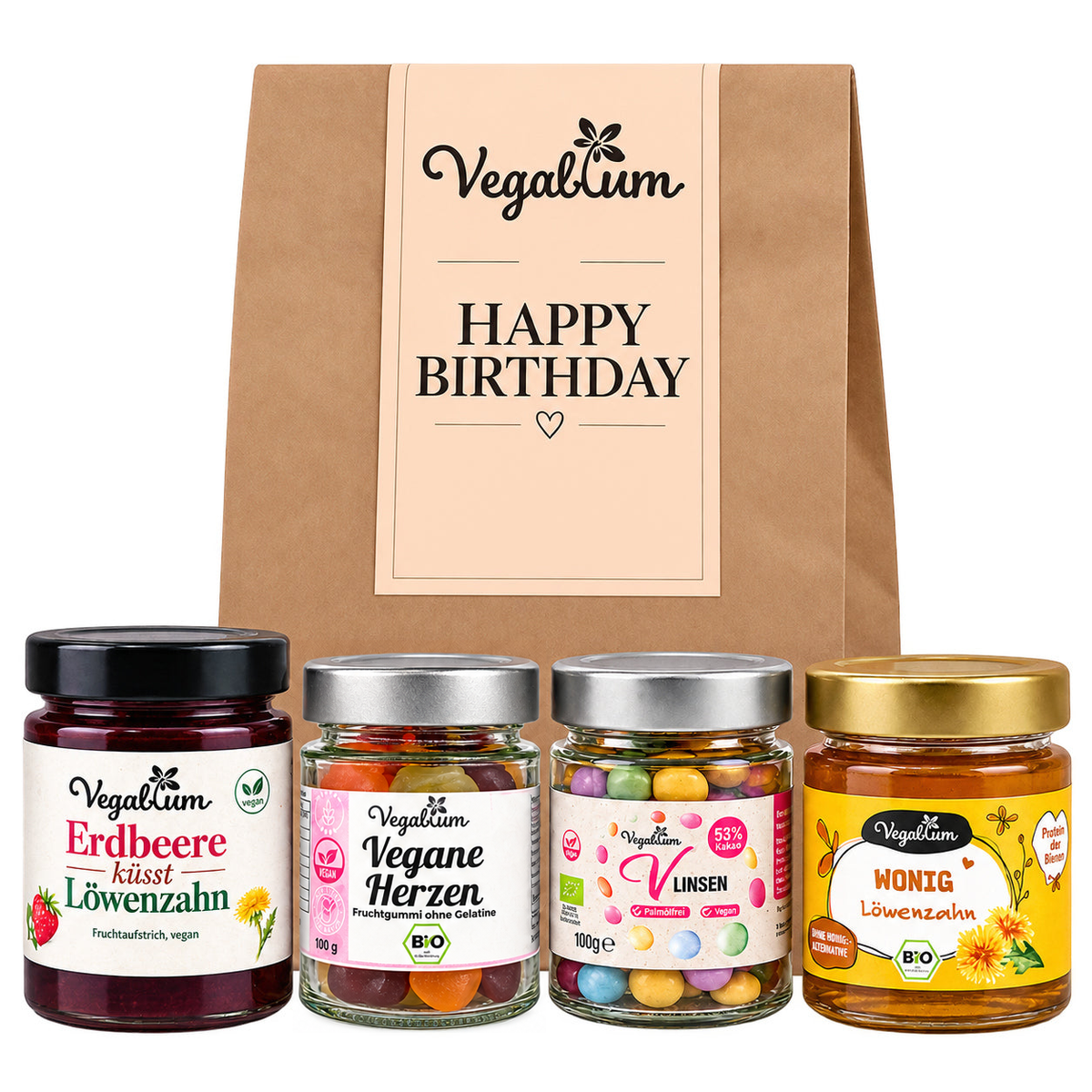 Vegane Geschenktüte mit Grußetikett Happy Birthday und vier Vegablum Leckereien