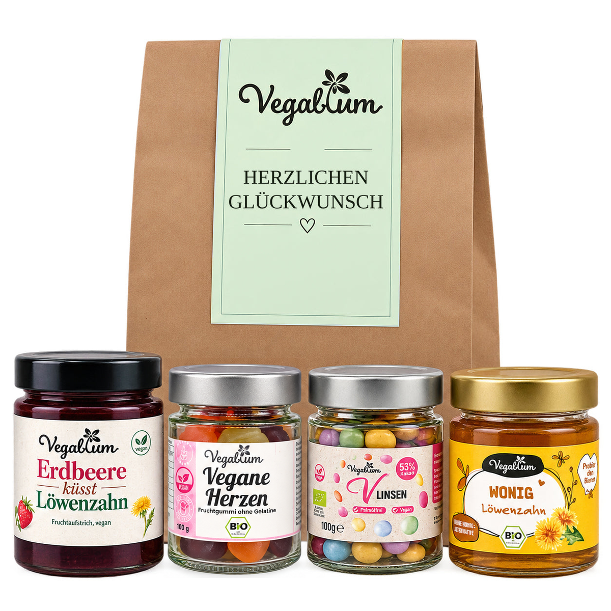Vegane Geschenktüte mit Grußetikett Herzlichen Glückwunsch und vier Vegablum Leckereien