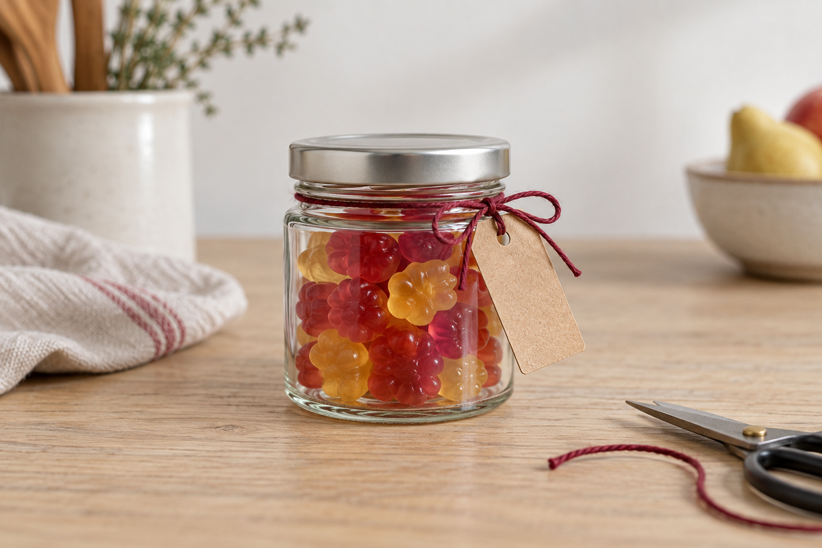 Anwendungsbeispiel: kleines Glas mit Fruchtgummi, silbernem Deckel und schlichtem Geschenkanhänger