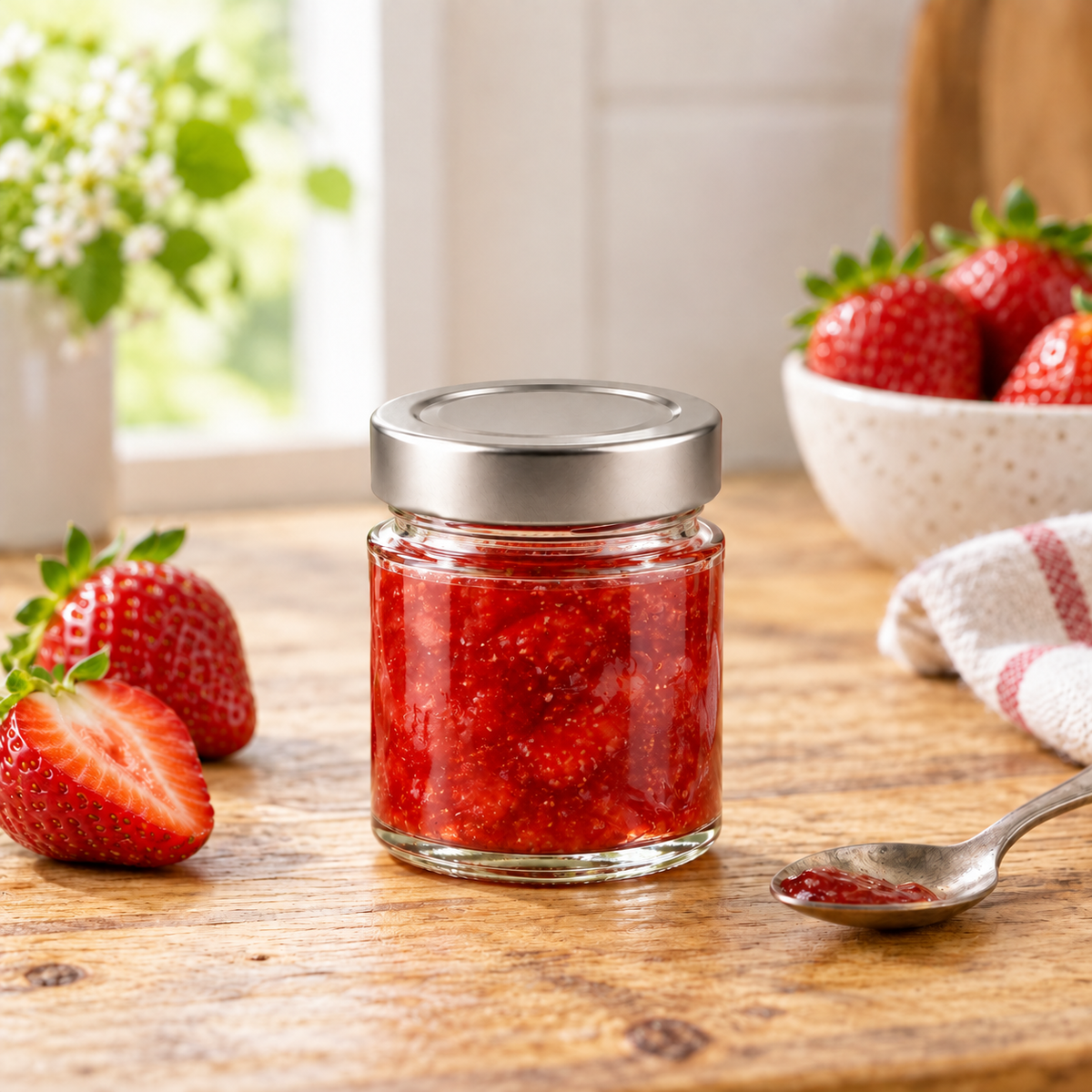 Vegablum Glas 161 ml als Anwendungsbeispiel mit Erdbeermarmelade, Lieferung leer