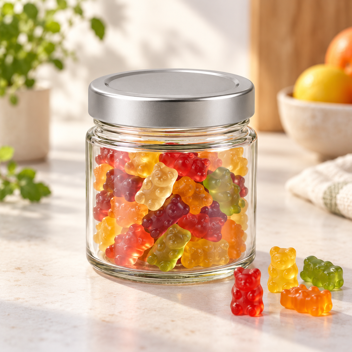 Vegablum Glas 220 ml als Anwendungsbeispiel mit Fruchtgummibärchen, Lieferung leer