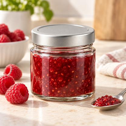 220 ml Glas mit Himbeermarmelade als Befüllungsbeispiel, geliefert wird das Glas leer