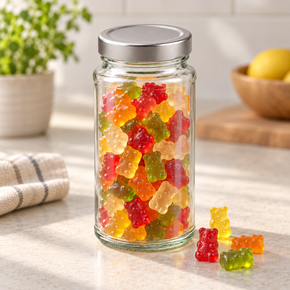 Vegablum Glas 437 ml als Anwendungsbeispiel mit Fruchtgummibärchen, Lieferung leer