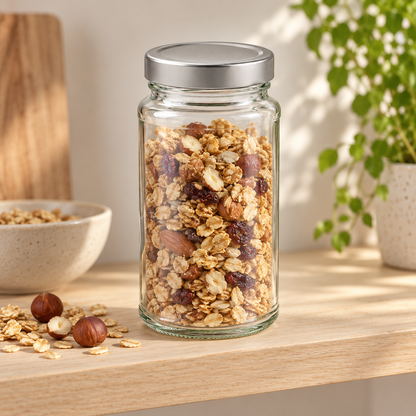 437 ml Glas mit Müsli und Nüssen als Befüllungsbeispiel, geliefert wird das Glas leer