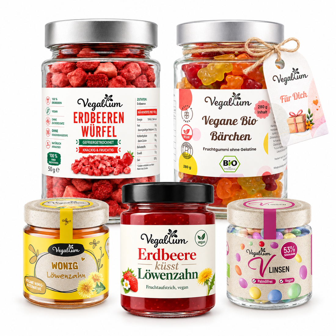 Vegablum Kennenlernbox mit Wonig Löwenzahn, Erdbeere küsst Löwenzahn, Vlinsen Schoko, Bio Bärchen im XL Glas und gefriergetrockneten Erdbeer Würfeln