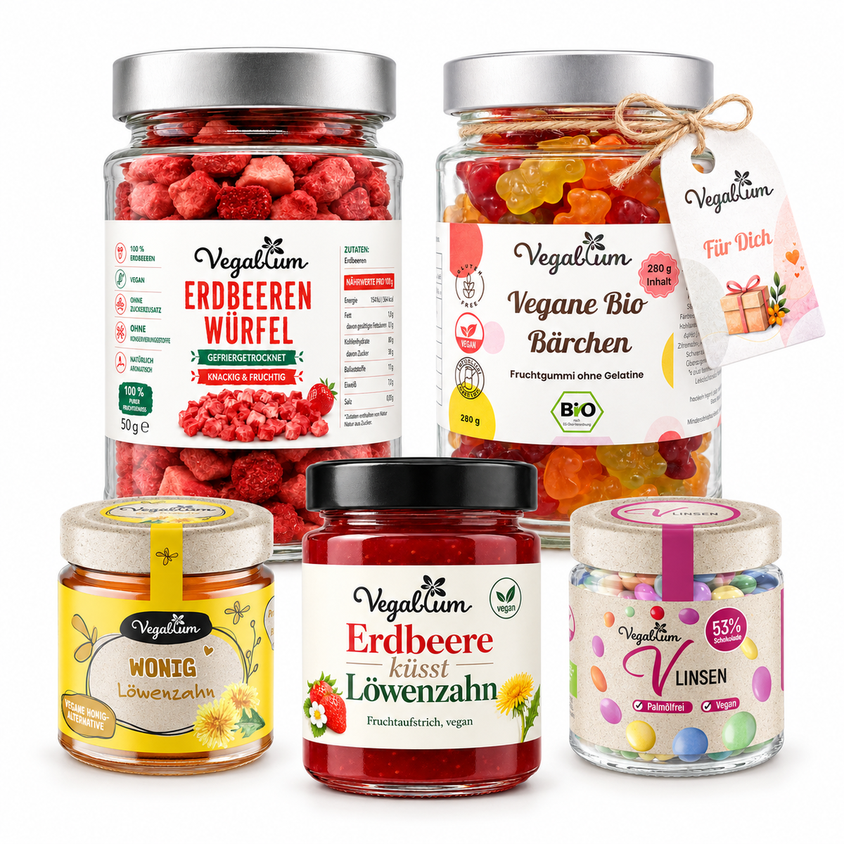 Vegablum Kennenlernbox mit Wonig Löwenzahn, Erdbeere küsst Löwenzahn, Vlinsen Schoko, Bio Bärchen im XL Glas und gefriergetrockneten Erdbeer Würfeln