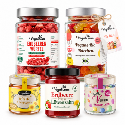 Vegablum Kennenlernbox mit Wonig Löwenzahn, Erdbeere küsst Löwenzahn, Vlinsen Schoko, Bio Bärchen im XL Glas und gefriergetrockneten Erdbeer Würfeln