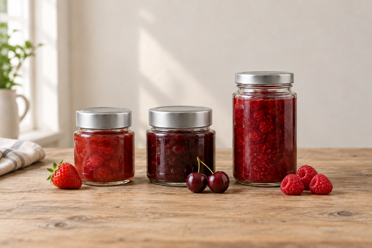 Anwendungsbeispiel: drei unetikettierte Gläser mit Erdbeermarmelade in 161 ml, Kirschmarmelade in 220 ml und Himbeermarmelade in 437 ml, jeweils mit silbernem Deckel