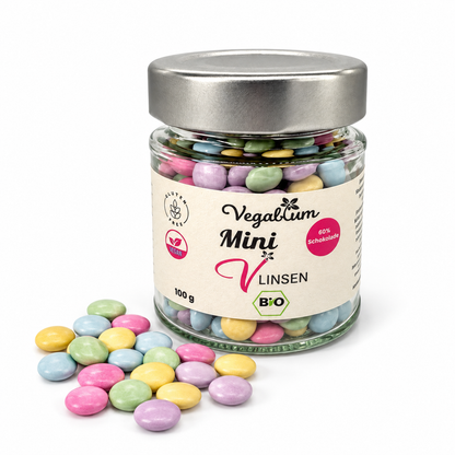 Mini Vlinsen 100 g mit schmalem Etikett und bunten Schokolinsen