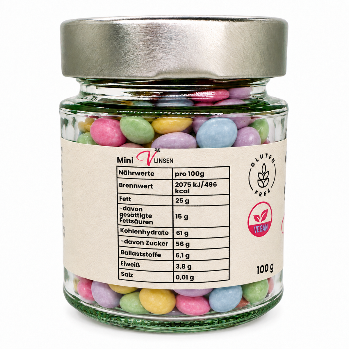Mini Vlinsen 100 g, Seitenansicht mit schmalem Etikett und lesbarer Nährwerttabelle