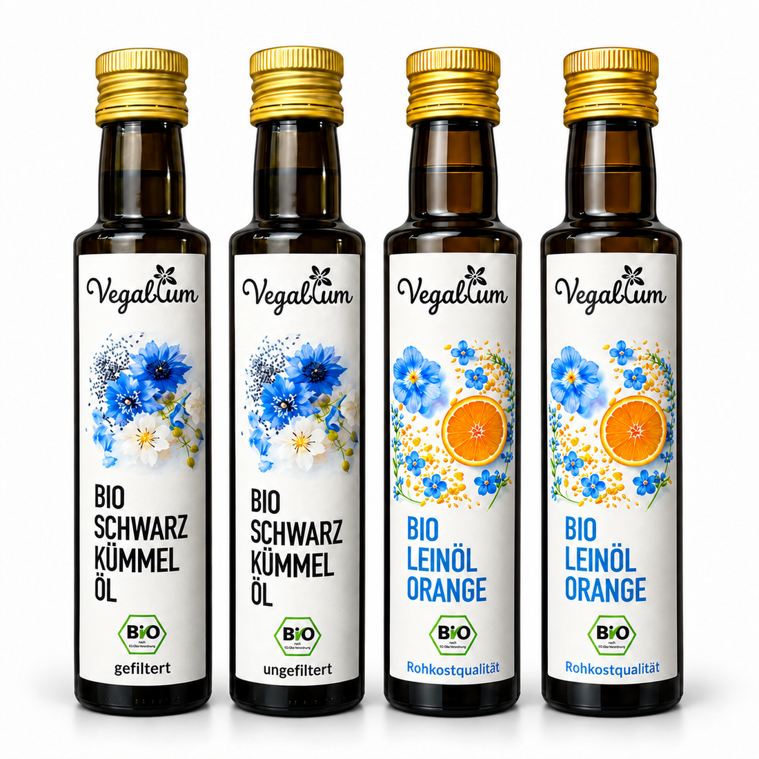Vegablum Bio Öl Probier Set: 1 × Schwarzkümmelöl gefiltert, 1 × Schwarzkümmelöl ungefiltert und 2 × Leinöl mit Orange, jeweils 250 ml