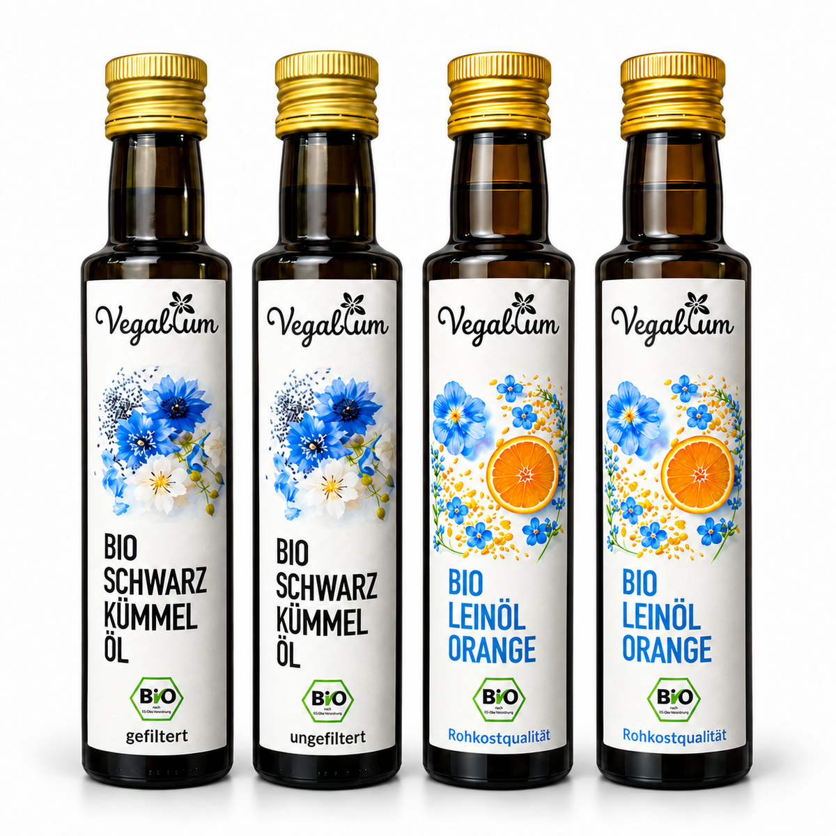 Vegablum Bio Öl Probier Set: 1 × Schwarzkümmelöl gefiltert, 1 × Schwarzkümmelöl ungefiltert und 2 × Leinöl mit Orange, jeweils 250 ml