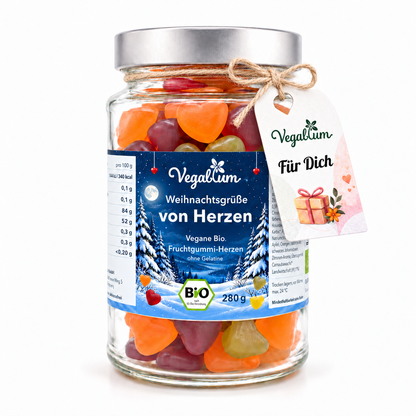 Vegablum Weihnachtsgrüße von Herzen, 280 g vegane Bio Fruchtgummi-Herzen im Glas mit blauem Winteretikett, Für Dich-Anhänger und Juteschleife