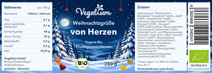Vollständiges Weihnachtslabel mit aktuellen Zutaten, Nährwerten und Bio-Kontrollstellencode DE-ÖKO-013
