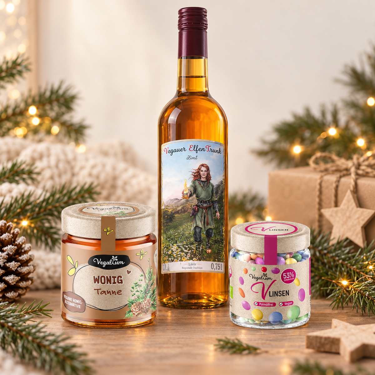 Vegablum Winter Geschenkset mit großer VET Zimt Flasche, Wonig Tanne und kleineren Vlinsen