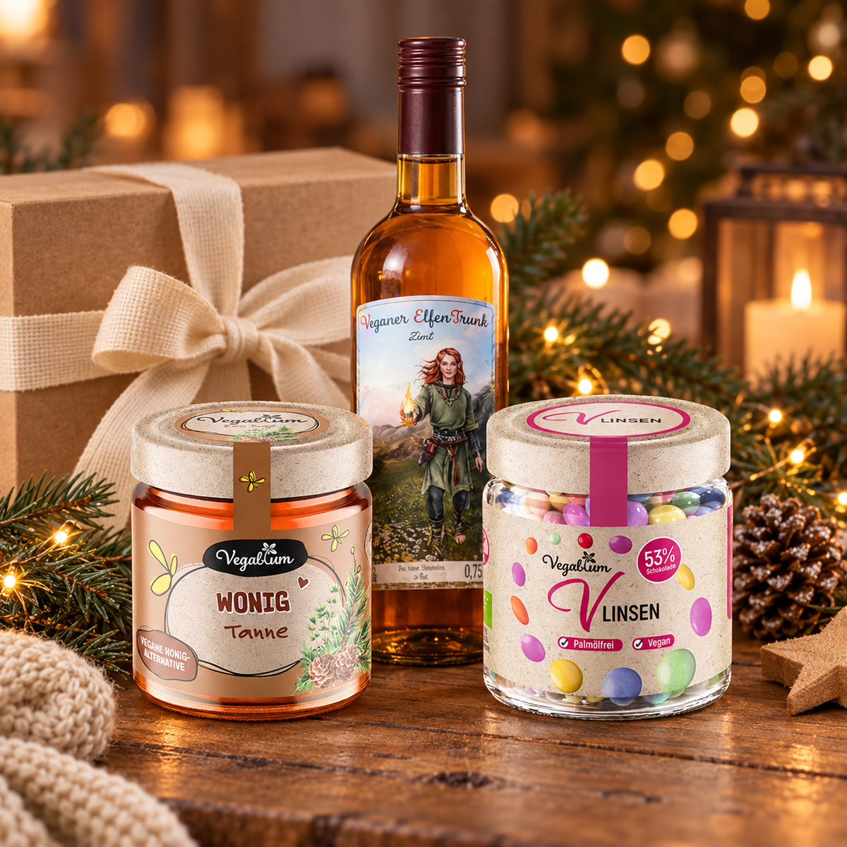 Veganes Winter Geschenkset in weihnachtlicher Umgebung