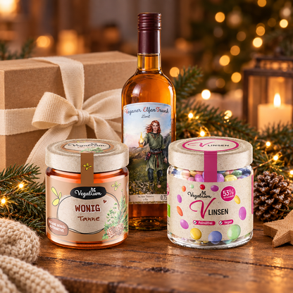 Veganes Winter Geschenkset in weihnachtlicher Umgebung