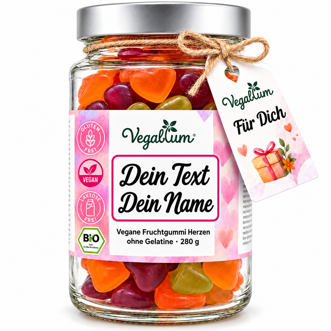 Vegane Bio Fruchtgummi Herzen 280 g mit deinem Wunschtext
